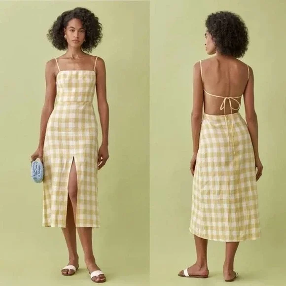 Reformation Yellow Check Midi Dress